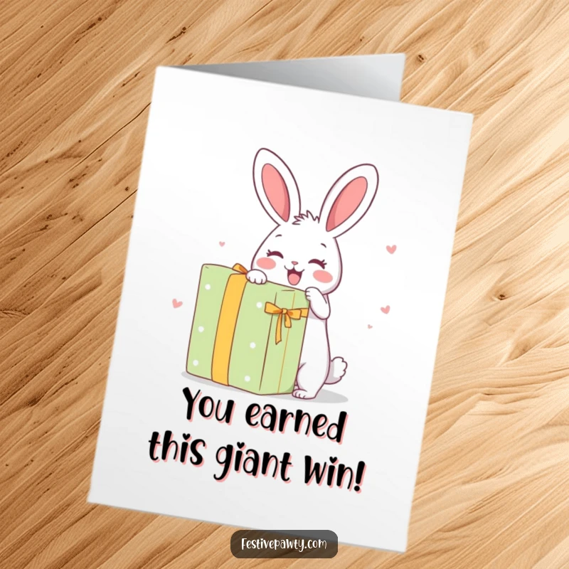 Funny Free Printable Congratulations Card: Ecstatic rabbit with huge gift box, celebrating a big win.