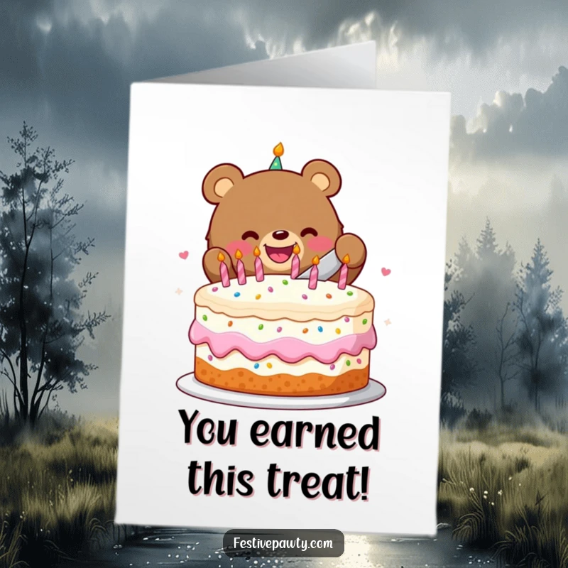 Free Printable Congratulations Card: A happy bear slicing into a giant cake, celebrating a sweet success with pure, unadulterated joy.