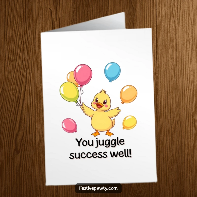 Funny Free Printable congratulations card featuring a cheerful duck juggling brightly colored balloons, celebrating achievements.
