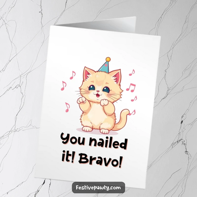 Funny Free Printable Congratulations Card: Kitten conductor leading an orchestra of musical notes, celebrating success with humor.