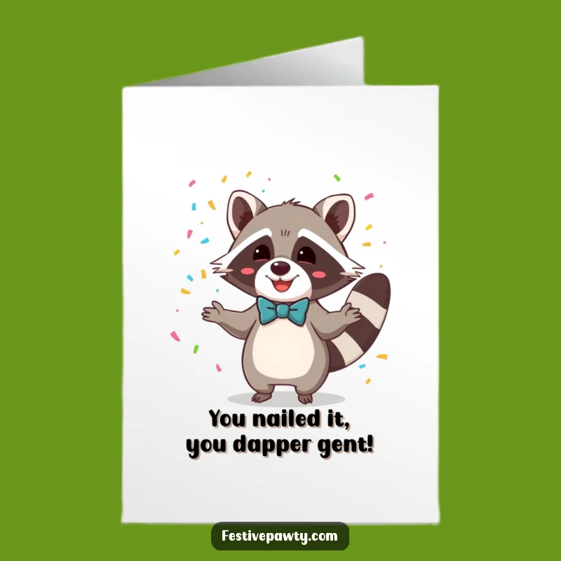 Free Printable Congrats Card: Juggling Raccoon Bowtie Celebration Downloadable