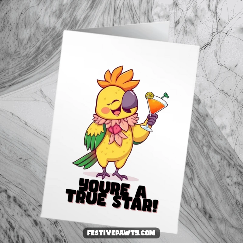 Funny Free Printable Congratulations Card: A giggling parrot in a feathered boa dances joyfully with a cocktail, celebrating a win.