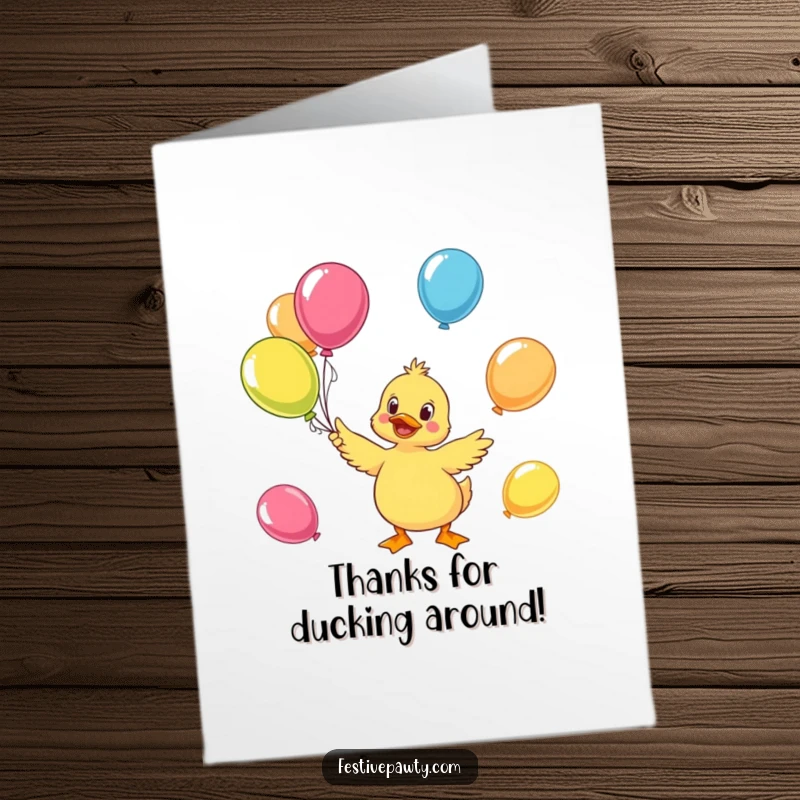 Funny Free Printable thank you card of a cheerful duck juggling brightly colored balloons, sending colorful thanks.
