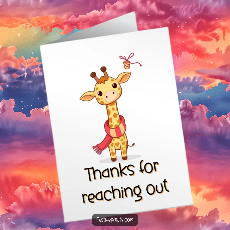 Funny free printable thank you card showing a giraffe in a festive scarf reaching for a dangling party streamer.