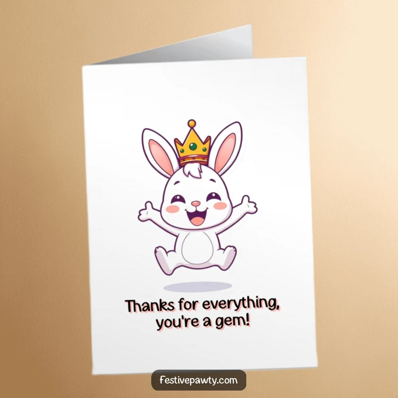 Funny Free Printable Thank You Card: A crowned bunny leaping with joy, offering a cute and thankful gesture.