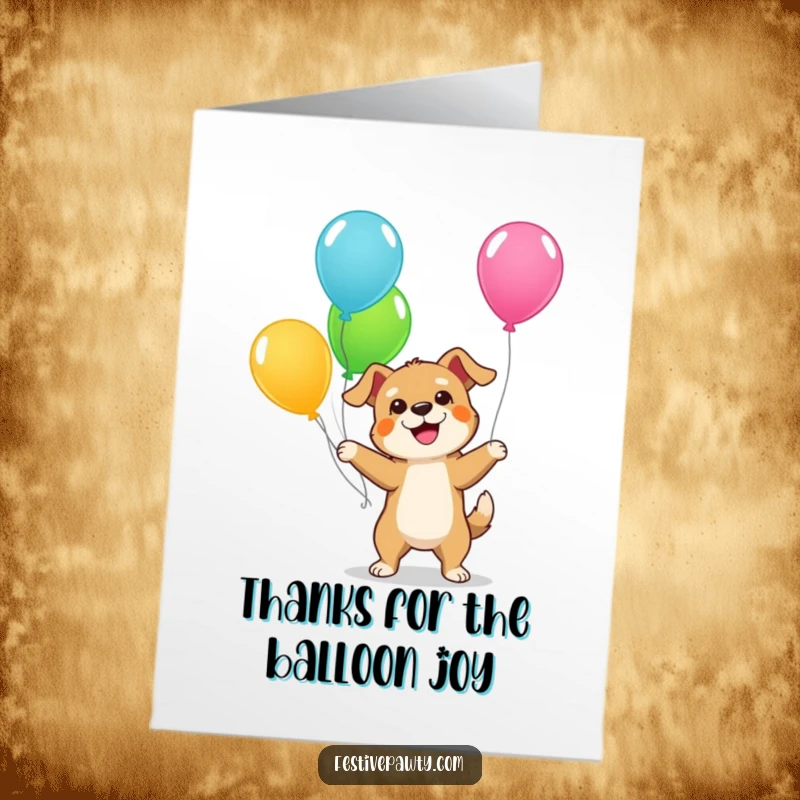 Funny Free Printable Dog Thank You Card, a giddy dog juggling colorful balloons, sending fun and colorful thanks.