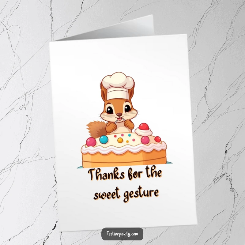 Funny free printable thank you card of a mischievous squirrel chef decorating a massive cake, conveying warm appreciation.