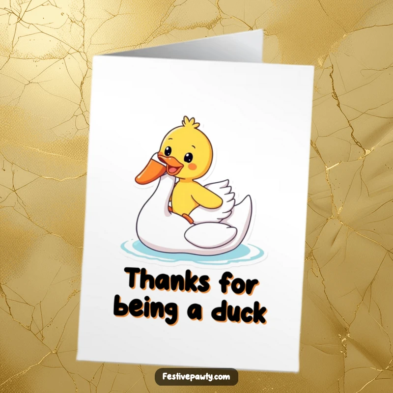 Funny Free Printable Thank You Card: A duck happily rides an inflatable swan, conveying thanks with a humorous twist.
