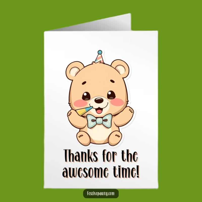 Free Printable Thank You Card: Funny Bear Cub Party Horn Downloadable Gift for Expressing Gratitude