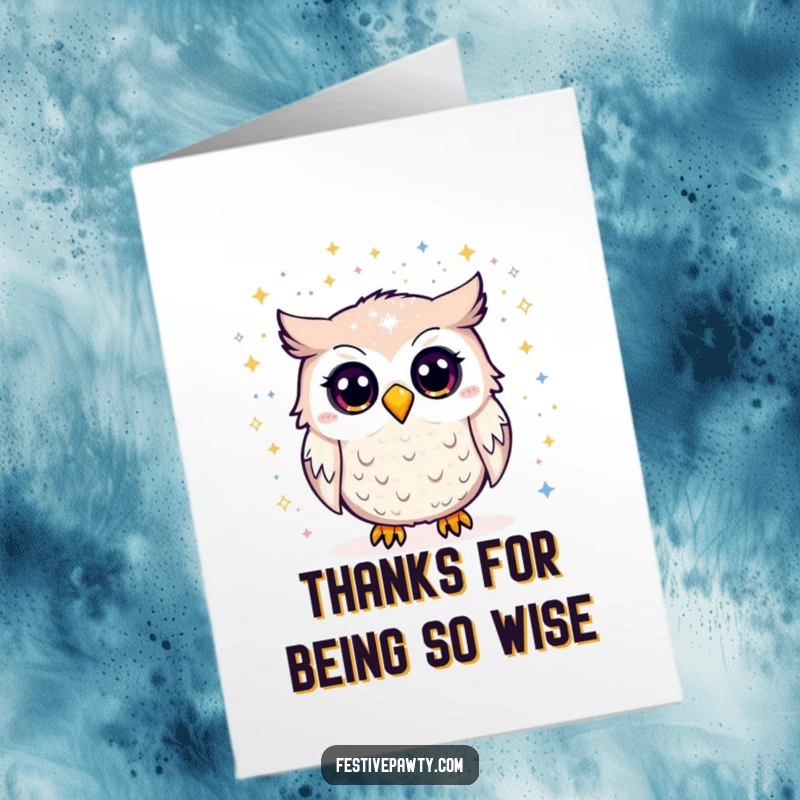 Funny Free Printable Thank You Card: An owl reacts with comical surprise to a glitter shower, a unique way to say thanks.