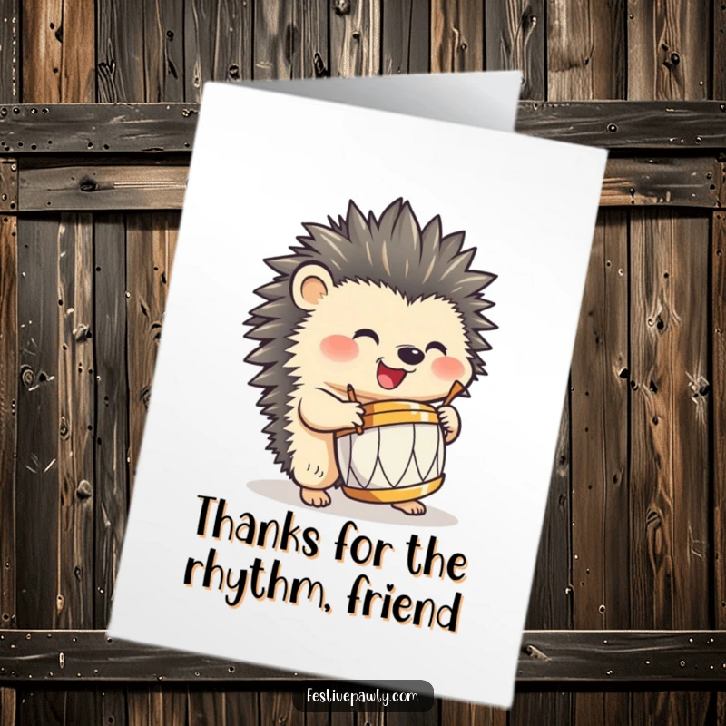 Funny Free Printable Thank You Card: Adorable hedgehog enthusiastically playing a tiny drum with its spiky quills.