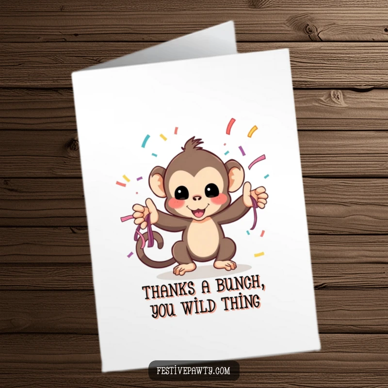 Funny Free Printable Thank You Card: A monkey playfully tosses streamers, sending happy thanks with a humorous flair.