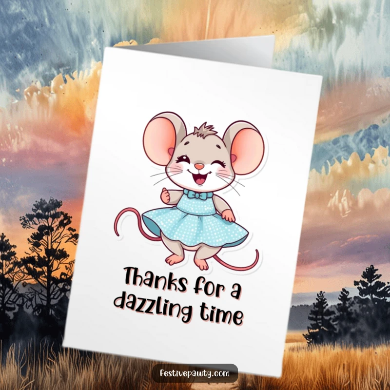 Funny Free Printable Thank You Card: A delighted mouse with a huge grin trying on a fabulous sequined party dress.