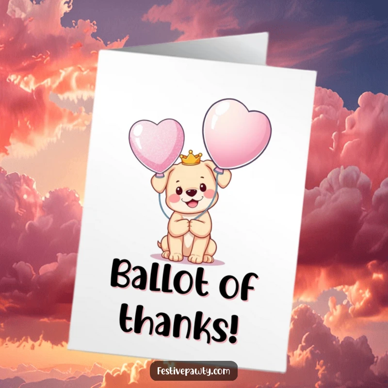 Funny Free Printable Thank You Card: A happy puppy in a crown holds a giant balloon, expressing thanks like a king.