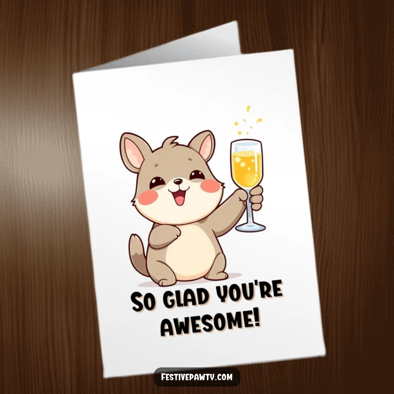 Funny Free Printable Thank You Card: A cheerful animal character raises a glass of bubbly in a thankful toast.