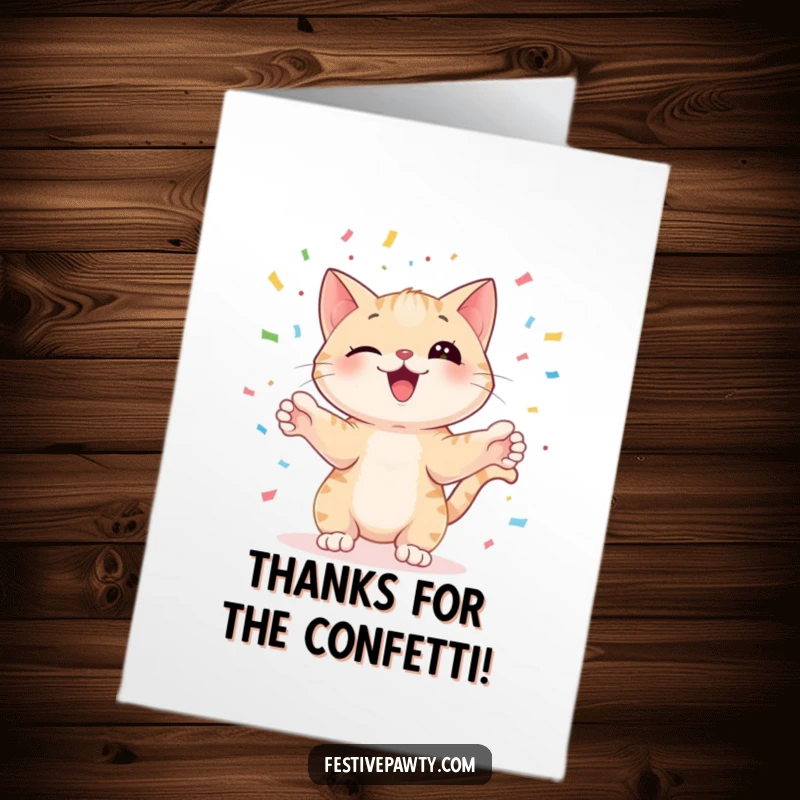 Funny Free Printable Thank You Card: Playful cat juggling confetti with paws, conveying thanks with stylish flair, a downloadable gift.