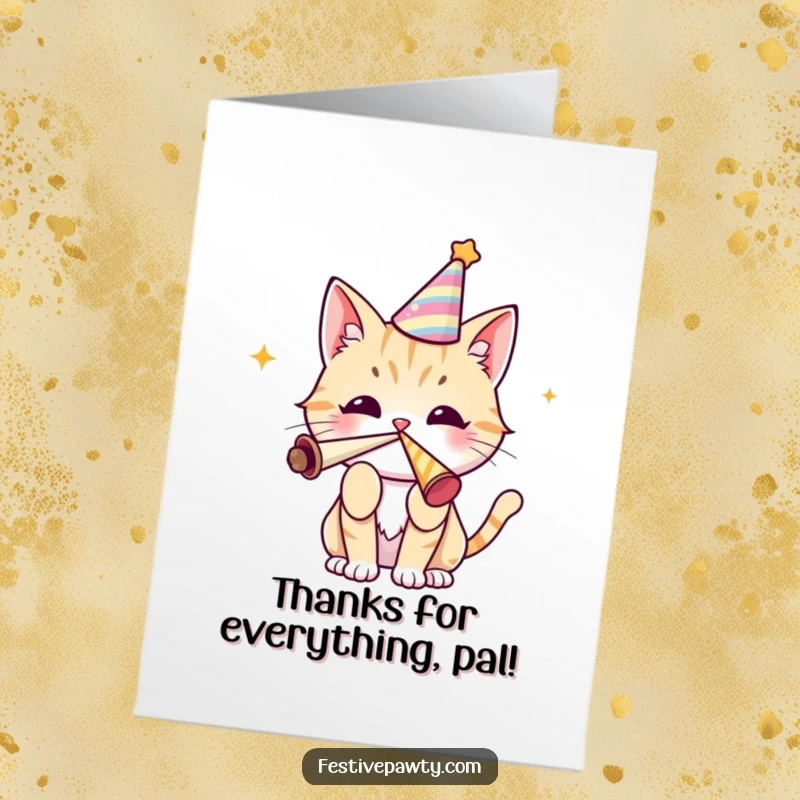 Funny Free Printable Thank You Card: Cute cat wearing a party hat, blowing a party horn to express thanks.