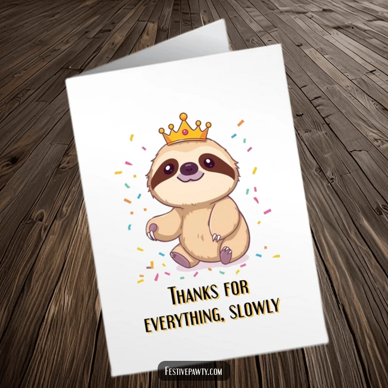 Funny free printable thank you card: a cheerful sloth king slowly reaches for confetti, expressing thanks.