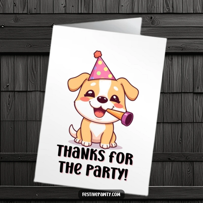 Funny Free Printable Thank You Card: Cheerful dog in party hat blowing noisemaker, conveying thanks with canine glee, a downloadable gift.