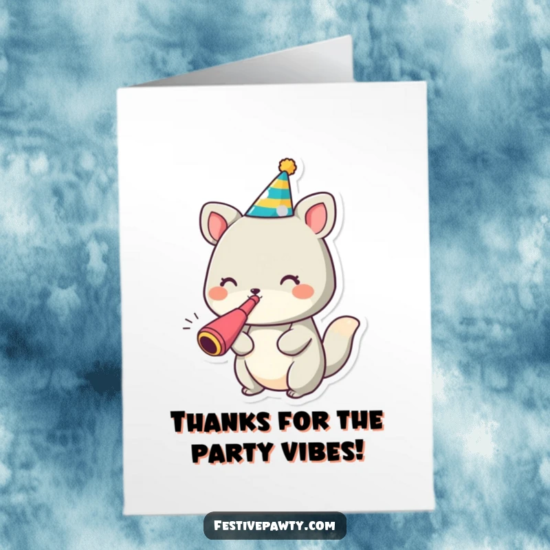 Funny Free Printable Animal Thank You Card: An animal wearing a party hat, blowing a noisemaker in thanks.