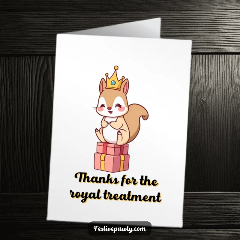 Funny free printable thank you card of a squirrel wearing a small crown, sitting on a stack of presents.