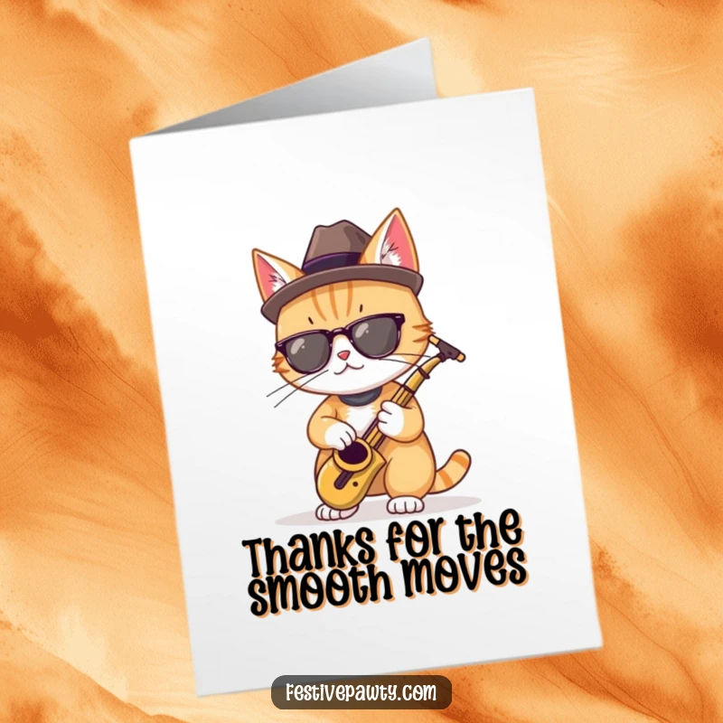 Funny free printable thank you card featuring a cool cat in a fedora playing a miniature saxophone, conveying cool thanks.