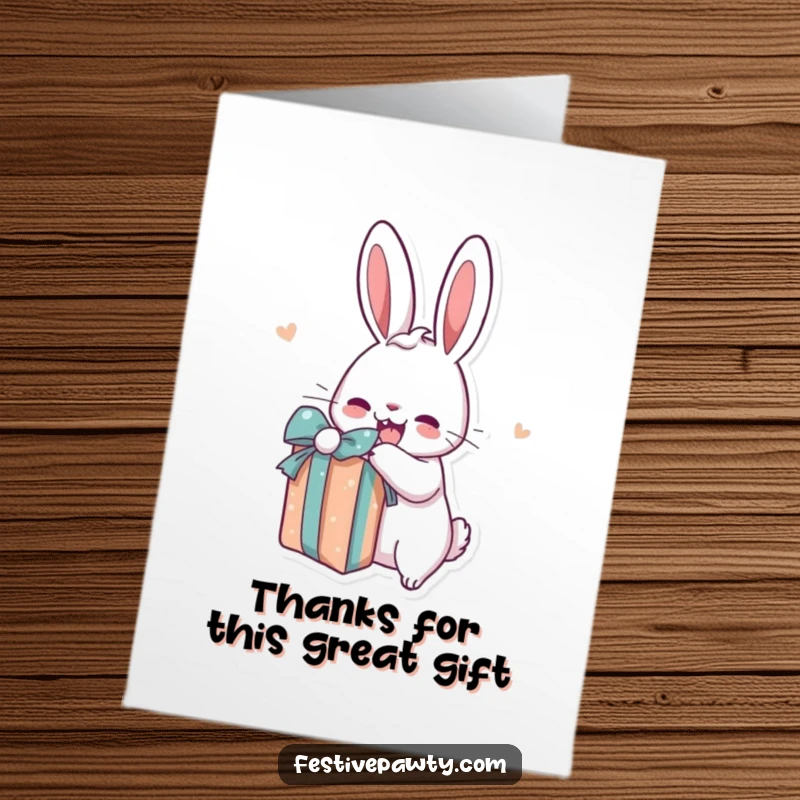 Funny Free Printable Thank You Card: A smiling rabbit character eagerly unwrapping a gift, showing immense gratitude and joy.
