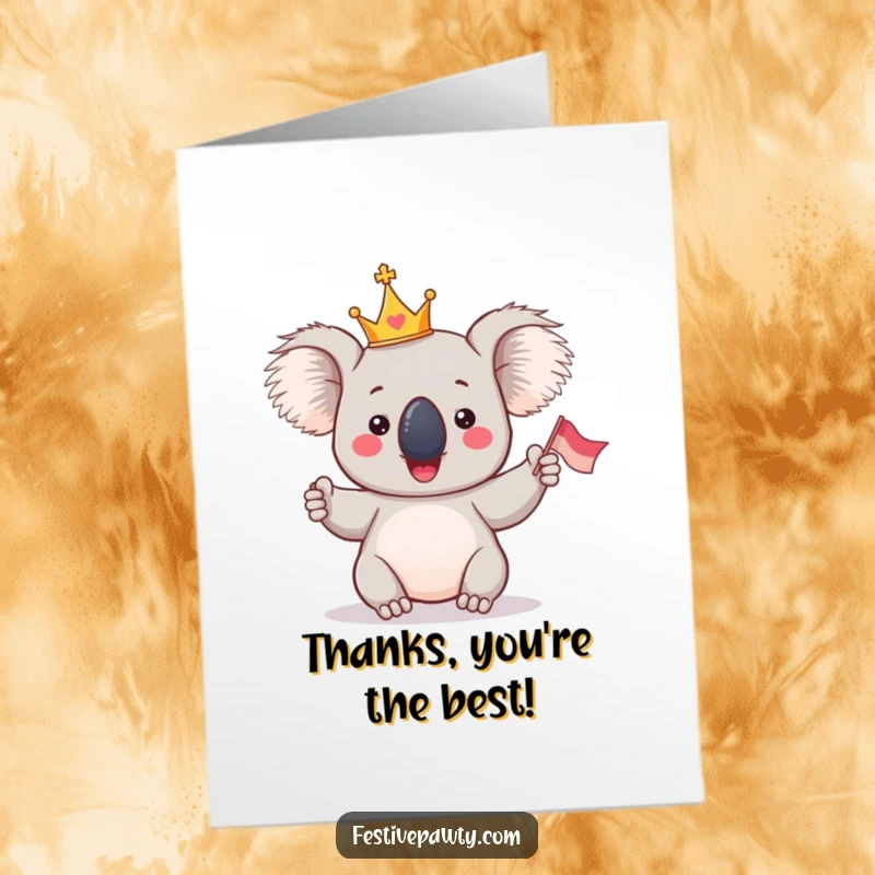Funny Free Printable Koala Thank You Card: A koala wearing a crown waving a flag to show thanks