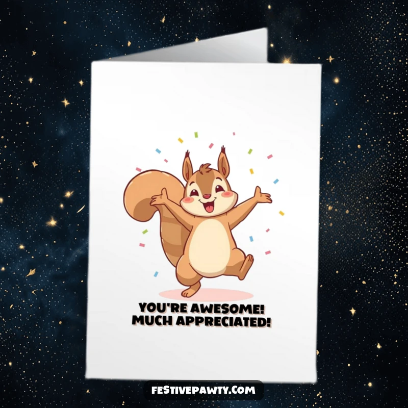 Funny Free Printable Thank You Card: Excited squirrel doing a cartwheel, conveying thanks with confetti.