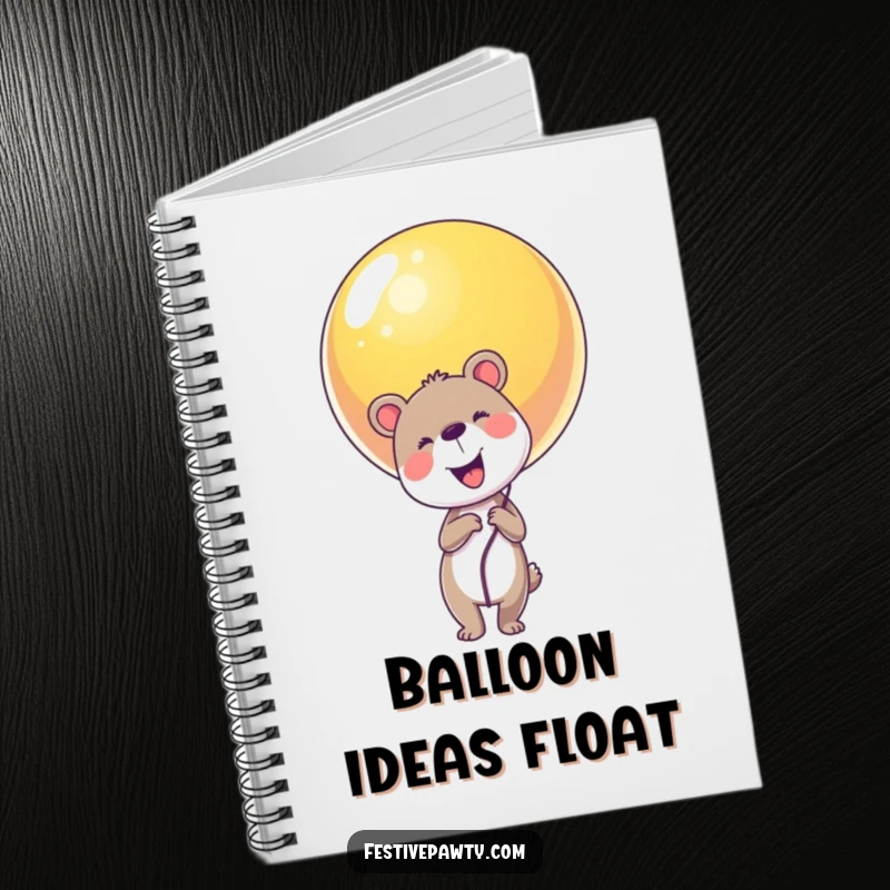 Funny animal character notebook holding a giant balloon, symbolizing dreams and creative inspiration.