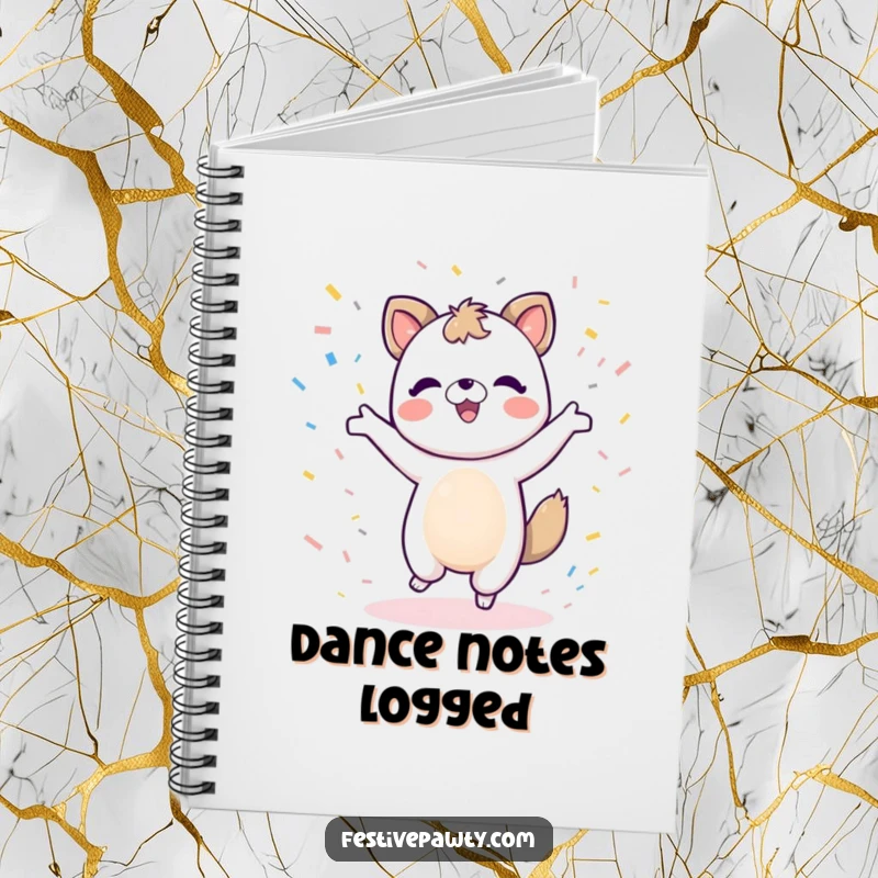 Funny animal character notebook capturing a dance and confetti, designed for creative note-taking.