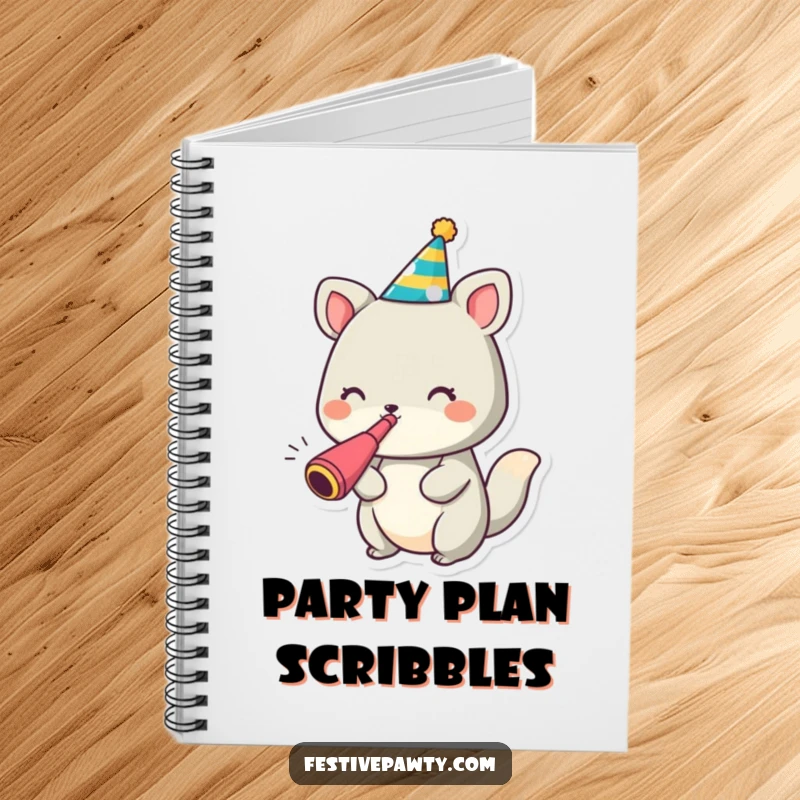 Funny animal character notebook wearing a party hat and blowing a noisemaker, encouraging festive note-taking.