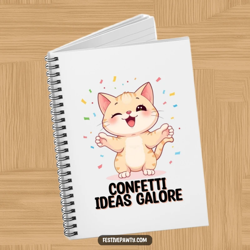 Funny cat character juggling colorful confetti with its paws, on a notebook cover, great for jotting down playful ideas.