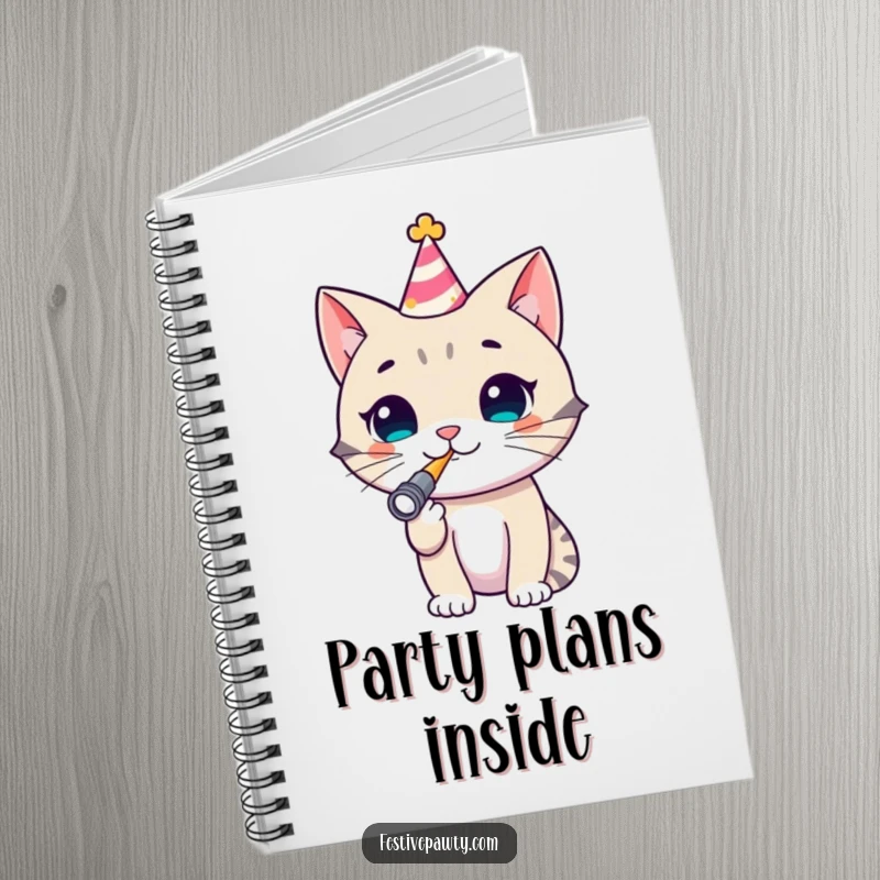 Funny Cat Notebook: A cute and humorous notebook with a cheerful cat in a party hat blowing a noisemaker, ideal for notes and plans.