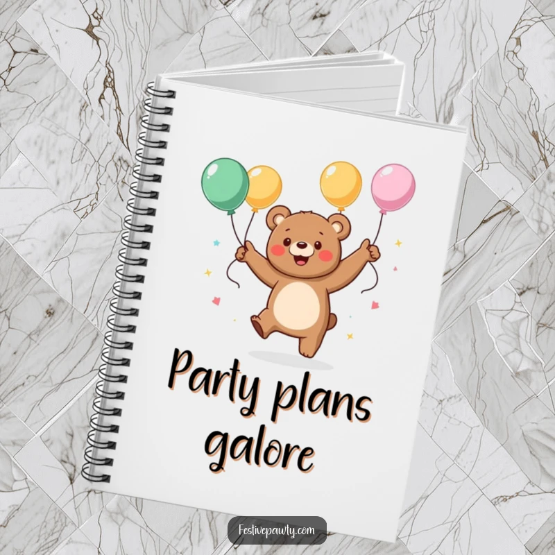 Funny notebook with a happy bear character dancing energetically with streamers and balloons, designed for jotting down exciting ideas and plans.