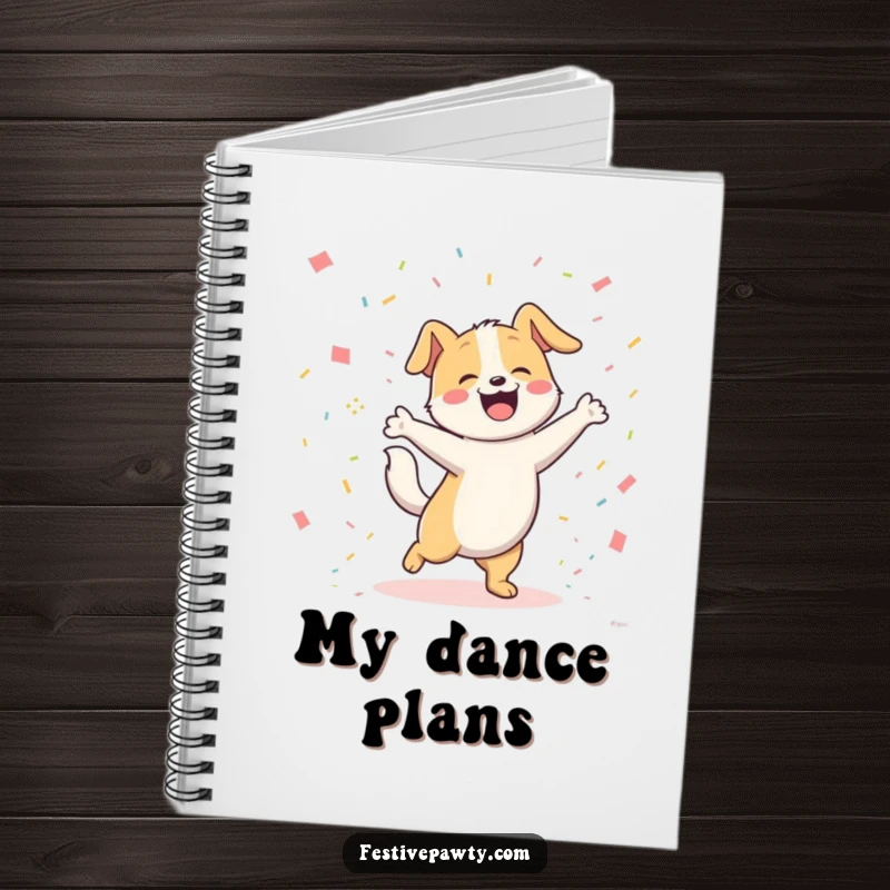 Funny joyful dog character happily dancing with its tail wagging furiously amongst colorful confetti on the cover of a lined notebook. A cute and funny journal.