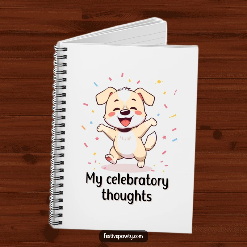 Funny notebook cover showcasing a joyful dog dancing energetically, tail wagging furiously amidst scattered confetti, ready to capture brilliant ideas.