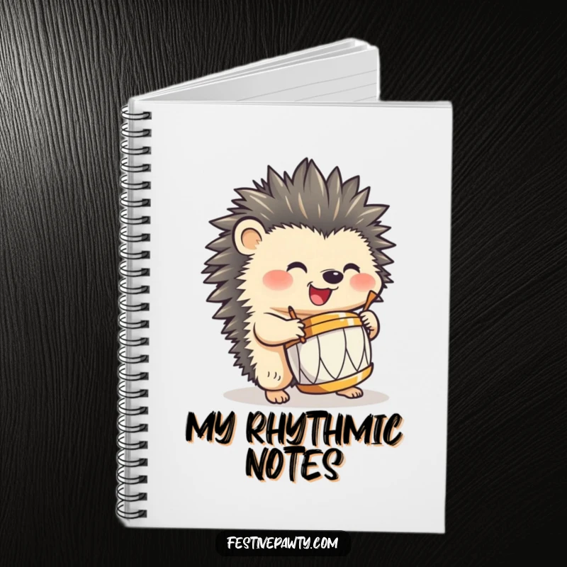 Funny hedgehog notebook, happily playing a miniature drum with quills, inspiring humorous musical notes and creative writing.