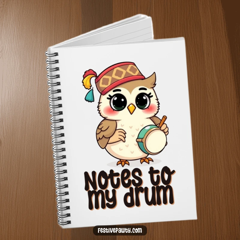 Funny Notebook: A smiling owl character in a festive fez plays a tiny drum, perfect for jotting down musical ideas.