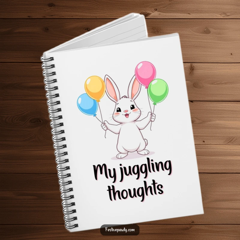 Funny Rabbit Notebook depicting a cute rabbit character juggling colorful balloons with all four paws, perfect for fun note-taking.