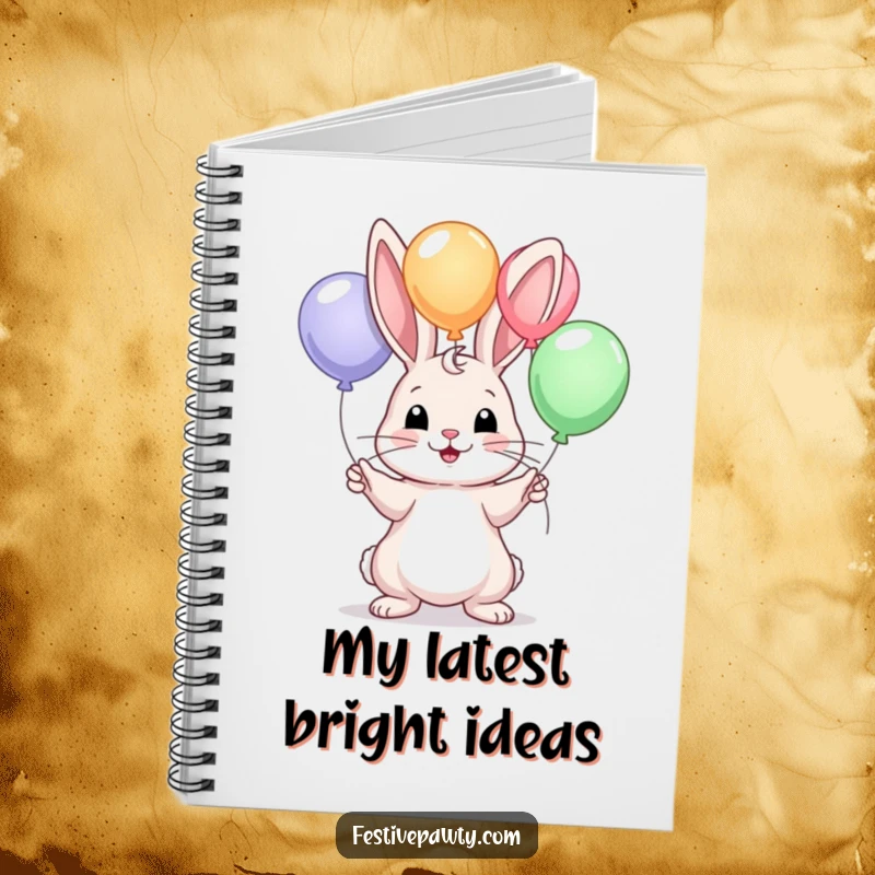 Funny notebook with a cute rabbit character juggling balloons, perfect for writing down thoughts with a smile.