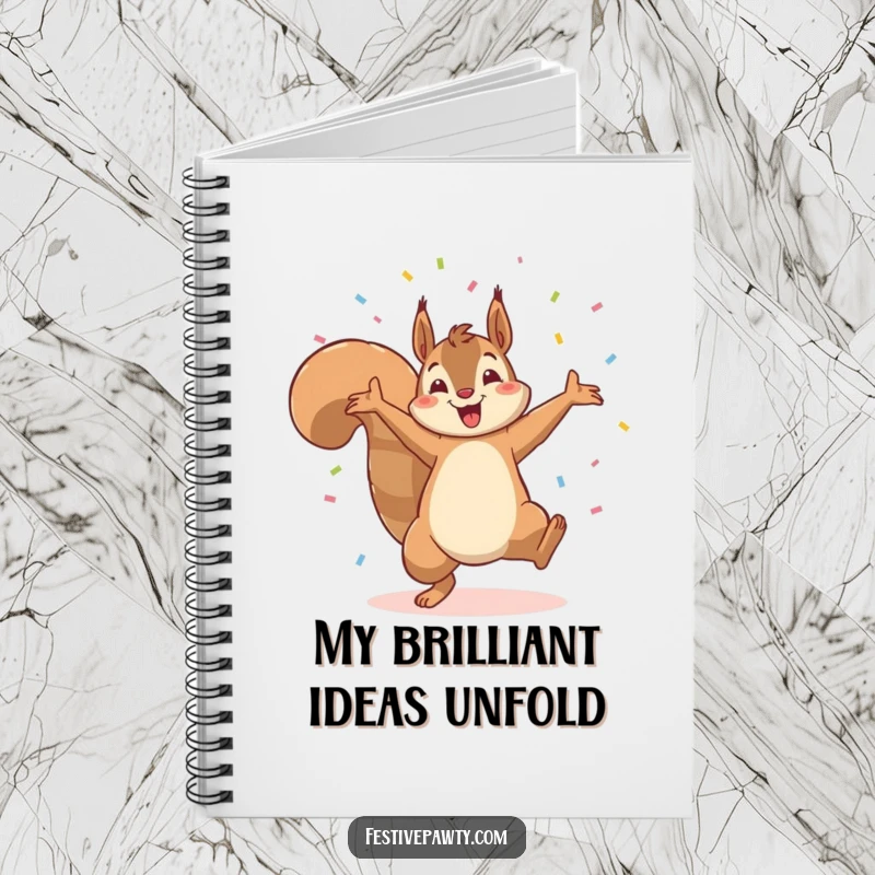 Funny notebook cover featuring a triumphant squirrel cartwheeling through a colorful confetti shower, inspiring energetic note-taking.