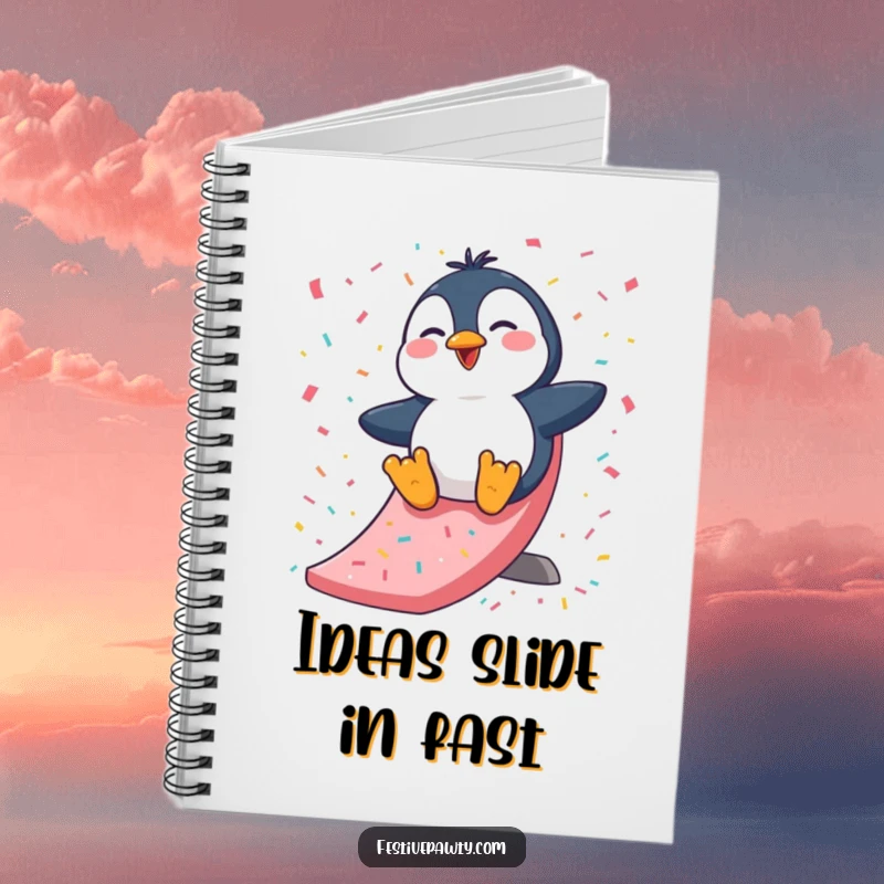 Funny Notebook: A giggling penguin character slides down a confetti slide, inspiring note-taking with playful arctic charm.