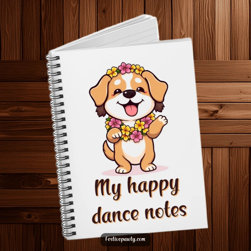 Funny notebook with a playful dog wearing a flower lei, doing a relaxed hula dance, great for ideas.