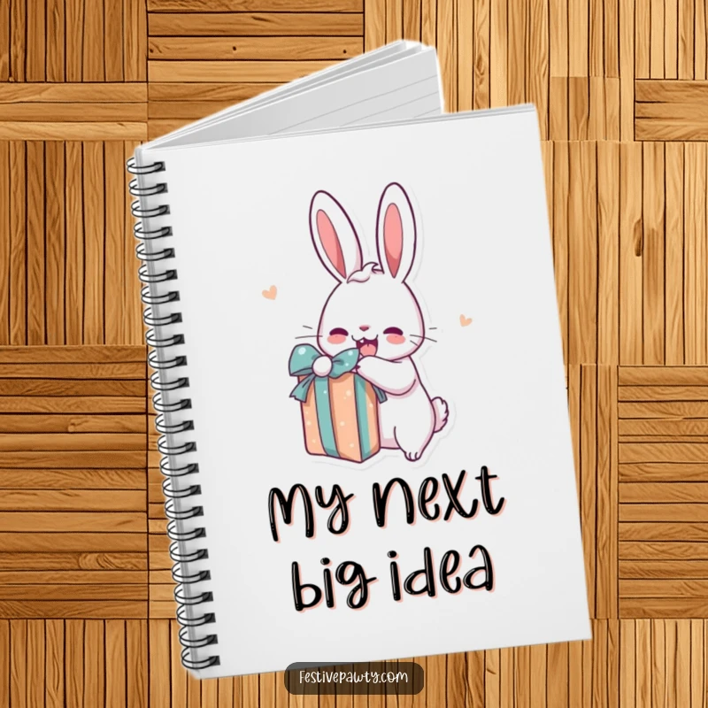 Funny rabbit notebook with a cartoon bunny excitedly unwrapping a present on the cover, perfect for cheerful writing.