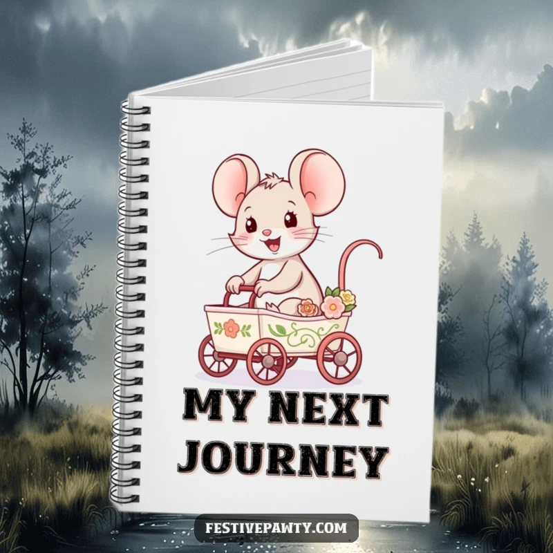 Funny Mouse Notebook showing a delighted mouse character riding in a tiny, decorated cart, perfect for jotting down whimsical ideas.