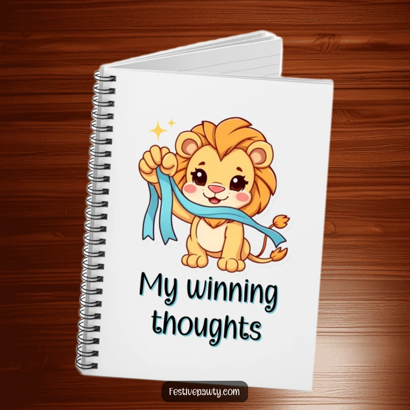 Funny Notebook: A triumphant lion character holds a sparkling ribbon, perfect for noting down victories and goals.