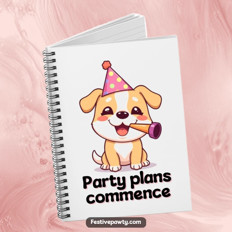 Funny dog character in a party hat blowing a noisemaker, on a notebook cover, great for jotting down cheerful ideas.