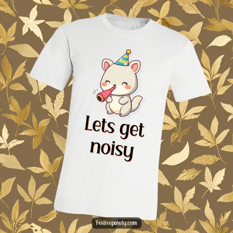 Funny animal character t-shirt adorned with a party hat and actively blowing a noisemaker with festive glee.