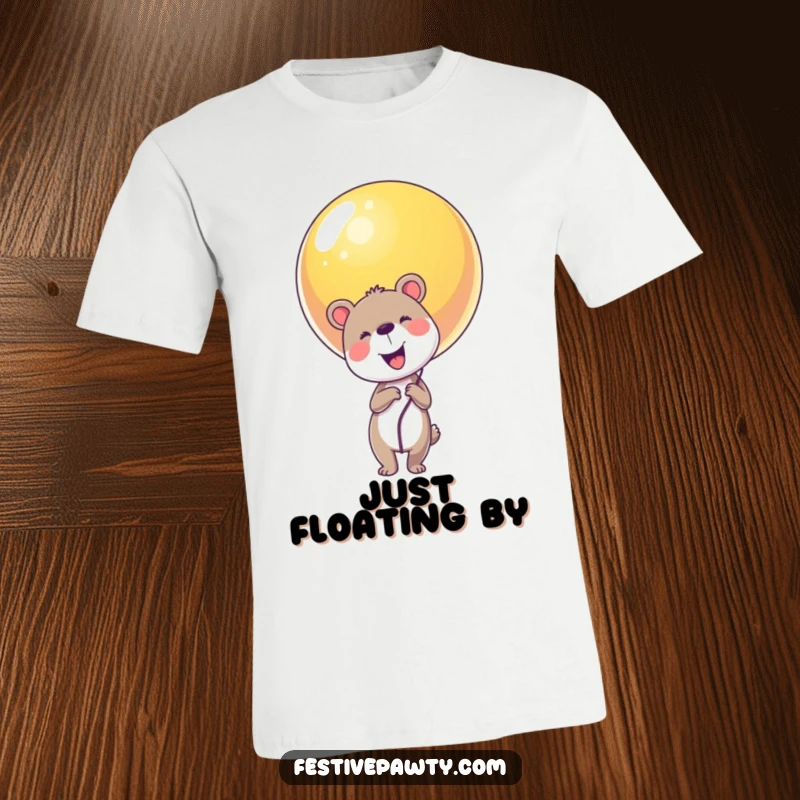 Funny animal character t-shirt holding a massive, vibrant balloon, conveying a sense of childlike wonder.